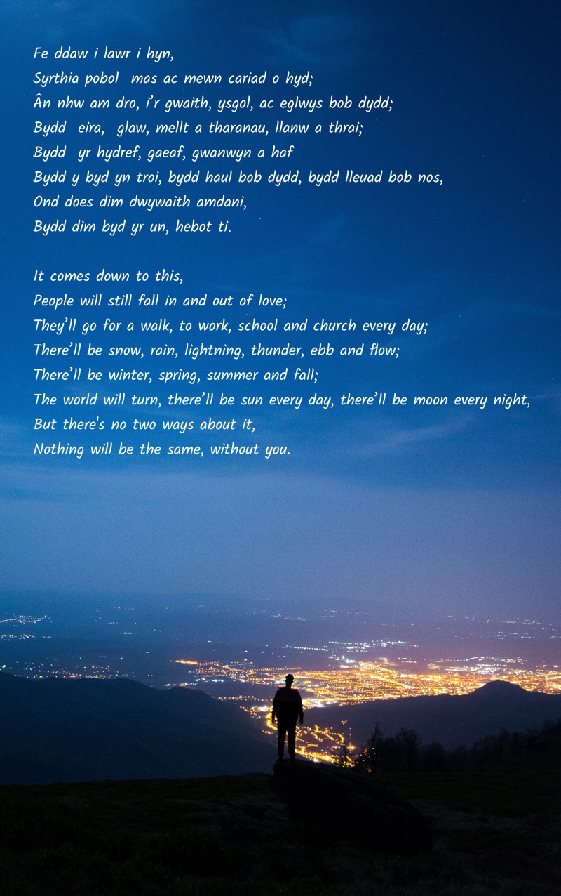 Poem with background of lone man looking out over a city at
        night