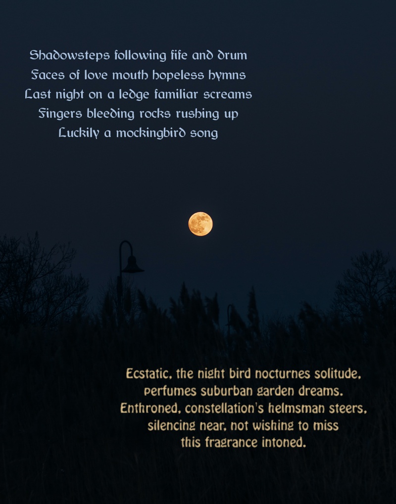 Suburban night sky, with full moon and the text of the
        poems