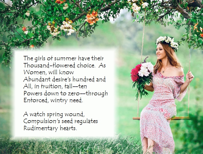 The Girls of Summer poem, with
        flowering tree and girl in summer dress on swing